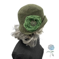 1920's Style Olive Green Textured Velvet Cloche Hat for Women, Size Small/Medium Ready to Ship, with Rhinestone Flower Brooch, Satin Lined