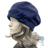 Navy Blue Fleece Beret with Button Accent, Warm Winter Fashion Hats for Women