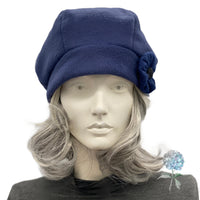 Navy Blue Fleece Beret with Button Accent, Warm Winter Fashion Hats for Women