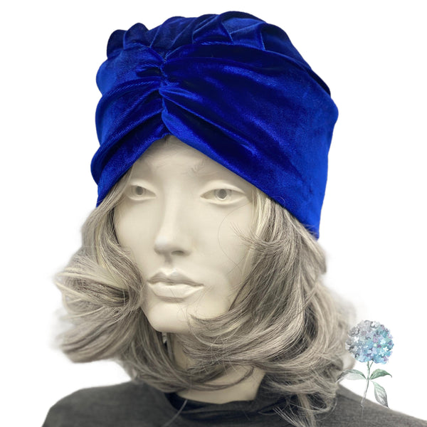 Royal Blue Velvet Turban Hat for Women, Small/Medium, Chemo Headwear Full Head Coverage