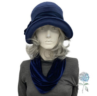 1920s Flapper Hat, Handmade in Navy Blue Fleece, Size Small/Medium Ready to Ship, with Chiffon Band and Pearl Flower Embellishment