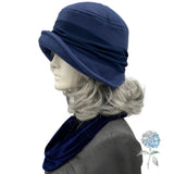 1920s Flapper Hat, Handmade in Navy Blue Fleece, Size Small/Medium Ready to Ship, with Chiffon Band and Pearl Flower Embellishment