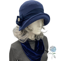 1920s Flapper Hat, Handmade in Navy Blue Fleece, Size Small/Medium Ready to Ship, with Chiffon Band and Pearl Flower Embellishment