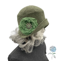 1920's Style Olive Green Textured Velvet Cloche Hat for Women, Size Small/Medium Ready to Ship, with Rhinestone Flower Brooch, Satin Lined