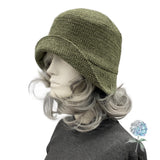 1920's Style Olive Green Textured Velvet Cloche Hat for Women, Size Small/Medium Ready to Ship, with Rhinestone Flower Brooch, Satin Lined