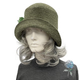 1920's Style Olive Green Textured Velvet Cloche Hat for Women, Size Small/Medium Ready to Ship, with Rhinestone Flower Brooch, Satin Lined