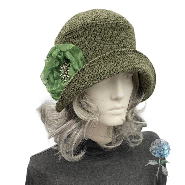 1920's Style Olive Green Textured Velvet Cloche Hat for Women, Size Small/Medium Ready to Ship, with Rhinestone Flower Brooch, Satin Lined