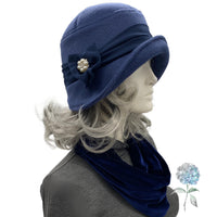 1920s Flapper Hat, Handmade in Navy Blue Fleece, Size Small/Medium Ready to Ship, with Chiffon Band and Pearl Flower Embellishment