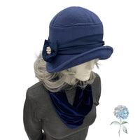 1920s Flapper Hat, Handmade in Navy Blue Fleece, Size Small/Medium Ready to Ship, with Chiffon Band and Pearl Flower Embellishment