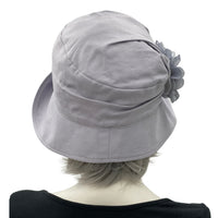1920s Cloche HatAlice gray linen cloche hat with wide front brim handmade silky satin hydrangea petal brooch 