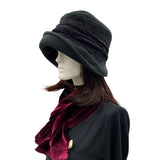 1920s Black Fleece cloche hat with satin and lace side view