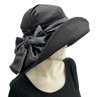 Couture Black linen derby hat with satin band and bow Handmade 