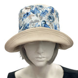 Floral Summer Sun Hat in Beige and Blue with a wide front brim Boston Millinery