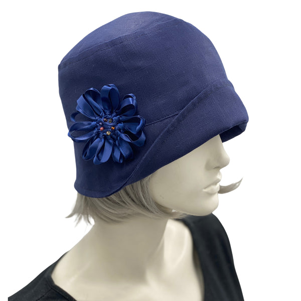 Cloche Hat for Women in Black Linen with Satin Ribbon Daisy | The 
