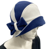 Thoroughly Modern Milline cloche hat handmade in navy blue and winter white fleece 1920s style top front view
