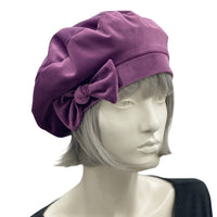 Purple lightweight velour beret with bow