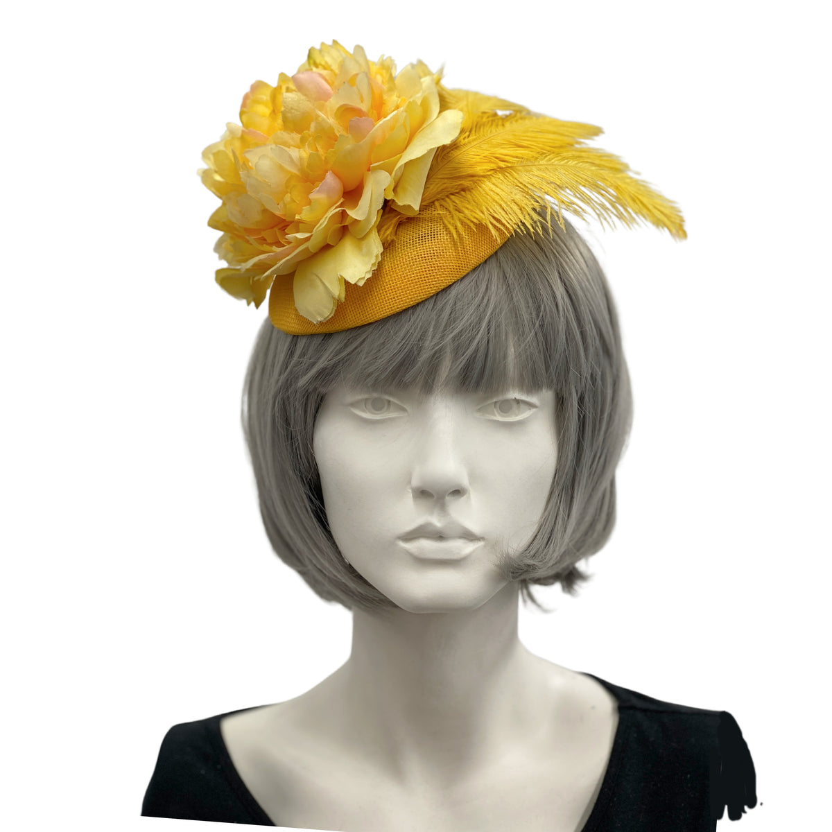 Yellow Peony and F eather Flower Fascinator Boston Millinery