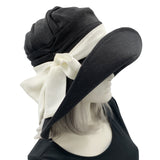 Black Wide Brim Hat, Wedding Hats and Fascinators, Linen Hat with Chiffon Flower and Scarf, Handmade in the USA