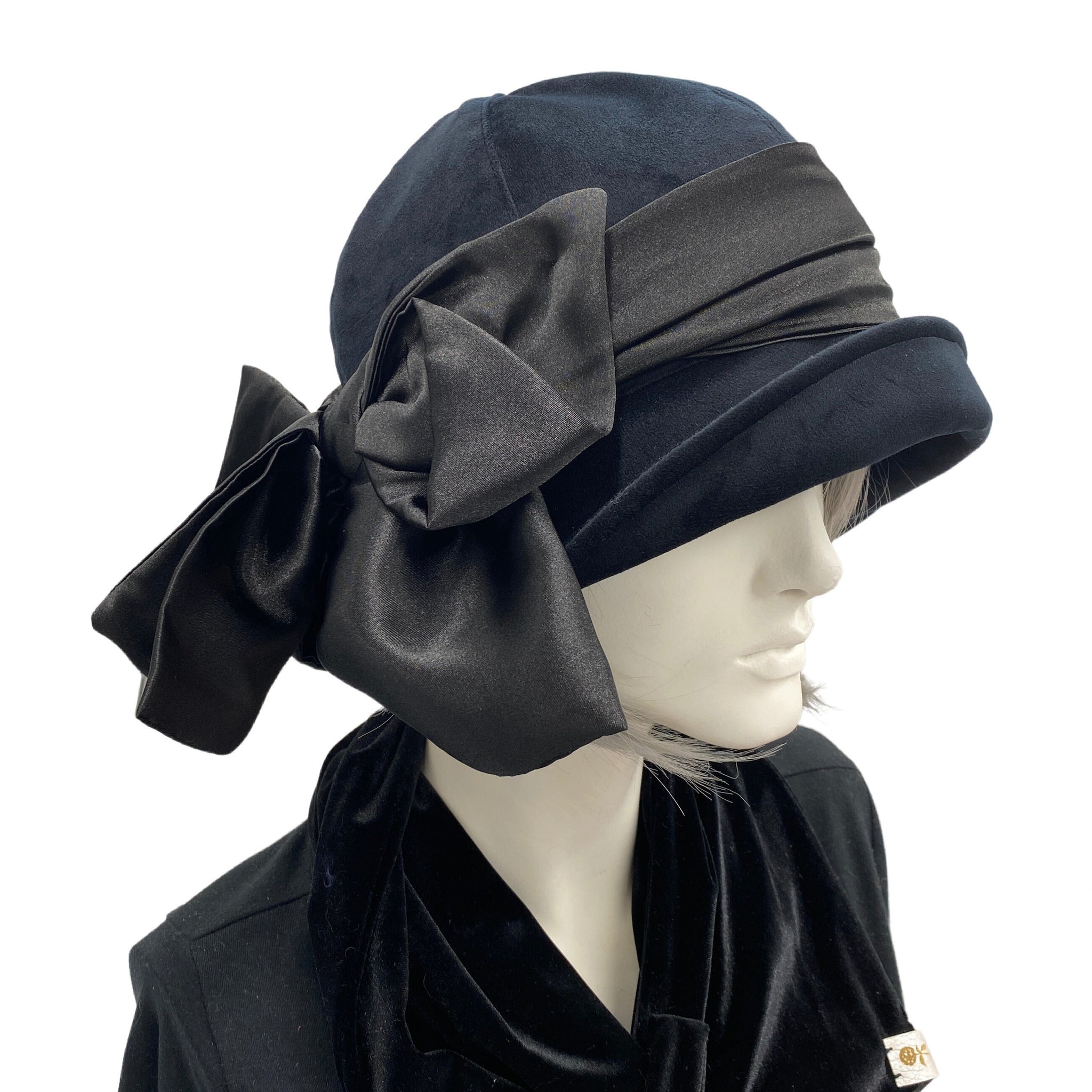 1920s Cloche Hat in Black Velvet with Satin Band and Bow The Polly Boston Millinery