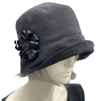 Cloche Hat Women, 1920s Hat in Black Linen or Choose your Color with Satin Ribbon Daisy Brooch, Gatsby Wedding, with lowered brim