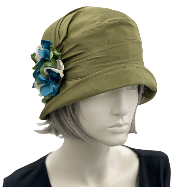 1920s Style Cloche Hat Women in Olive Green Cotton