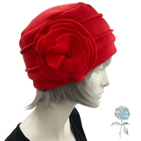 Cloche Hat Women, in Red Fleece with Large Flower Brooch, Satin Lined Winter Hat, 1920s Vintage Style, Handmade in the USA