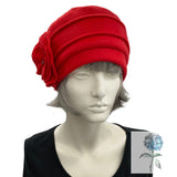 Cloche Hat Women, in Red Fleece with Large Flower Brooch, Satin Lined Winter Hat, 1920s Vintage Style, Handmade in the USA